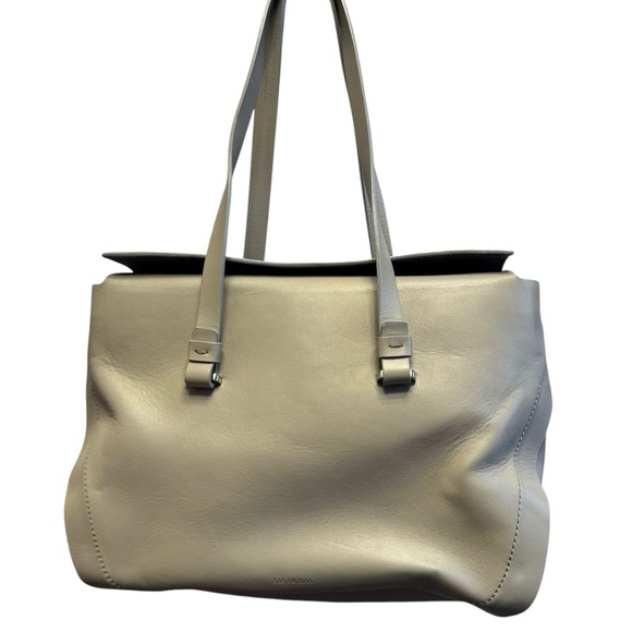 Lia Numa Gray Leather Foldover Tote Bag with Structured Shape and Long Handles - Picture 1 of 11